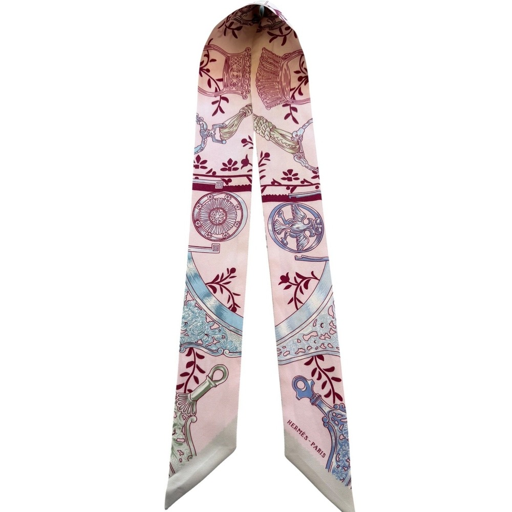 Hermès Pink Silk Twilly Scarf Pastel Blue Burgundy Bag Ribbon Tie